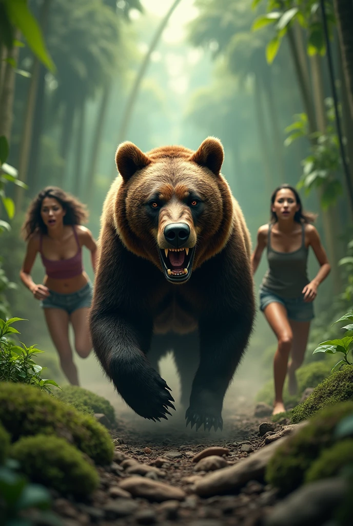 Photorealism realistic adult women naked chasing by bear in the jungle