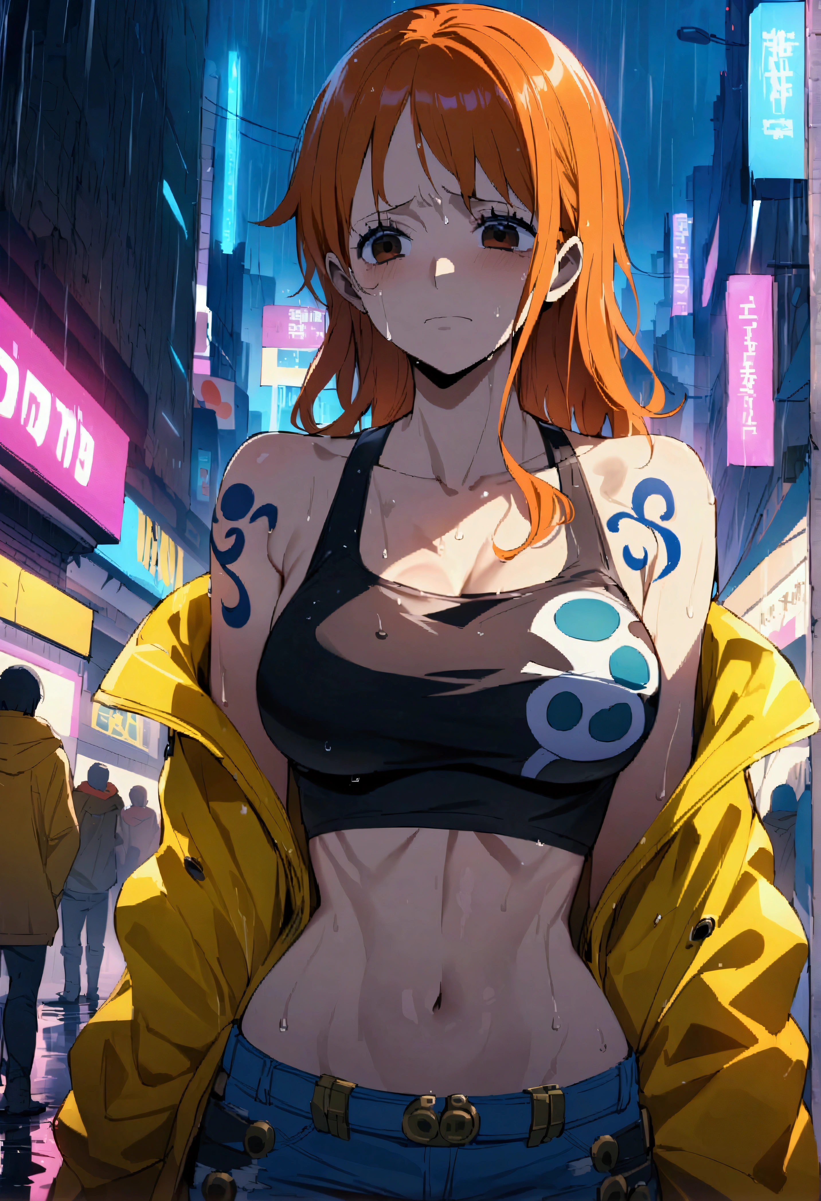 Masterpiece、Highest quality、Super detailed、Nami\(one piece\),One person、Abdominal muscles、Cyberpunk Clothing、Yellow Jacket、Black tube top、Ripped jeans、Cyberpunk City、it's raining、Wet Skin、neon、street、Sad face、Outdoor