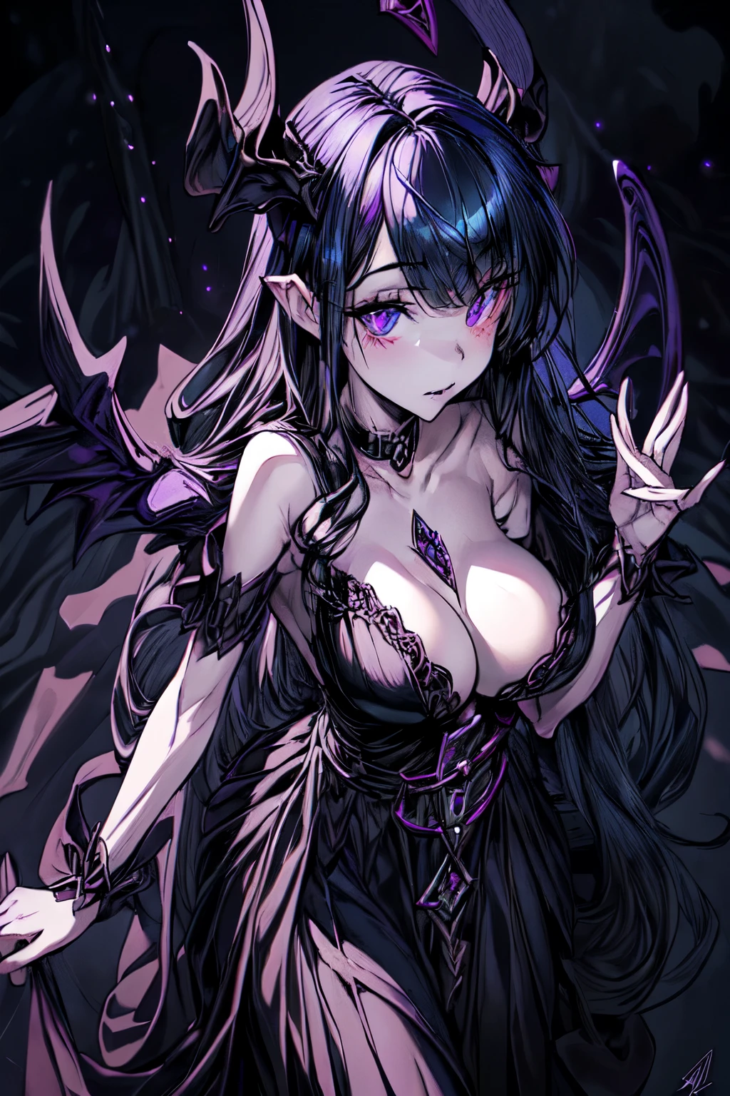 (((purple fallen angel necromancer woman, delicated pose, detailed face, pale skin, long black hair, medium-))), gorgeous anime witch, morgana from league of legends, gwen from league of legends, gorgeous sensual gala dress with fluffy feathers, sensual pose, (((gorgeous castle background)))