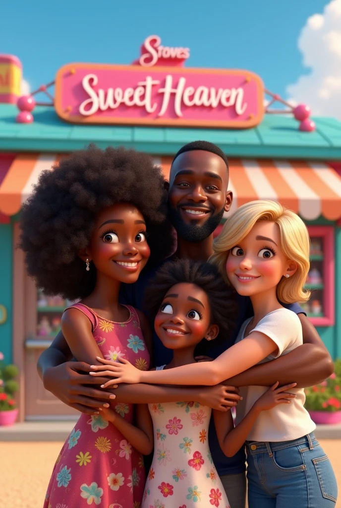 4 people,44 year old woman, black, cabelo blackw afro, height 1,52,Grinning, with a flower in her hair.flower dress.
8 year old child, black, cabelo blackw afro, olhos castanho escuro Grinning. Unicorn dress for 45 year old man, blackw, bald in front, with beard, social t-shirt, happy 22 year old woman, cor de pele black, blonde hair color, 
smooth ass,fine nose, Grinning. All hugging In the background the candy store says sweet heaven in Portuguese , sky realism, disney pixar. Store configuration