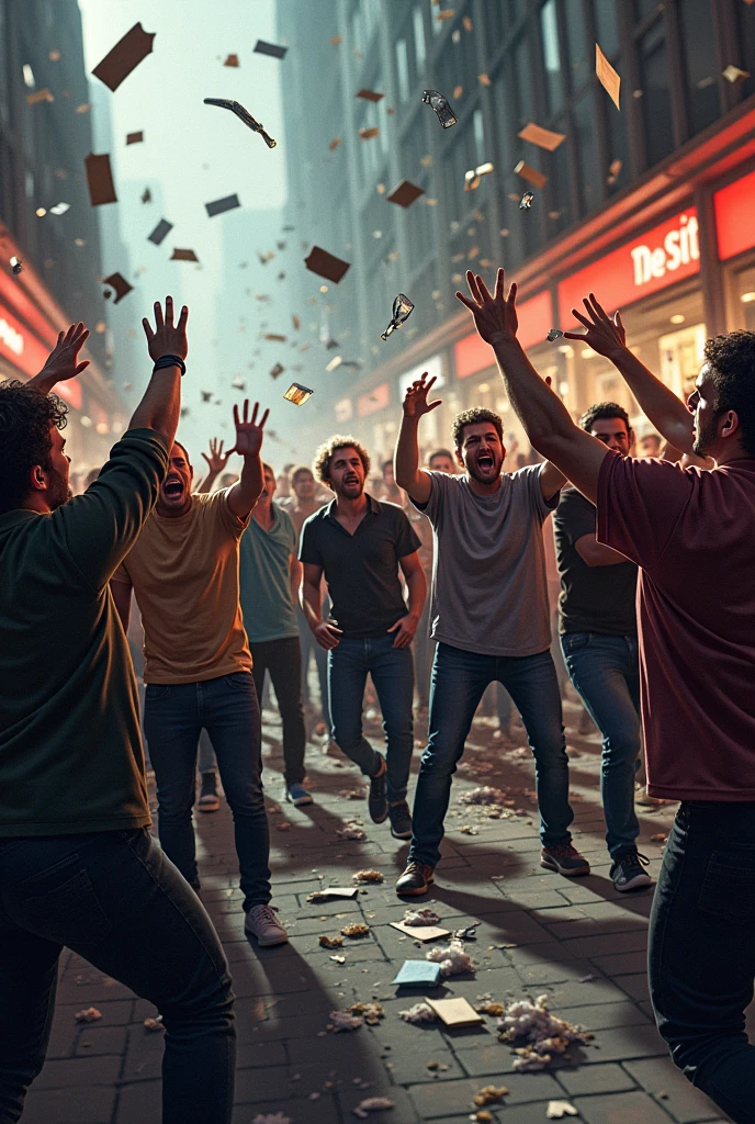 Create an image of chaos and disorder, showing a scene with people in a state of hysteria and dissatisfaction. Depict individuals angrily breaking objects, such as furniture, glassware, or store displays. The environment should look chaotic, with scattered debris and signs of destruction. Show the crowd with intense expressions of frustration and rage, highlighting their emotional turmoil. Use dynamic, tumultuous lighting and contrasting colors to enhance the sense of turmoil and unrest, creating a powerful visual representation of the chaotic situation.


















