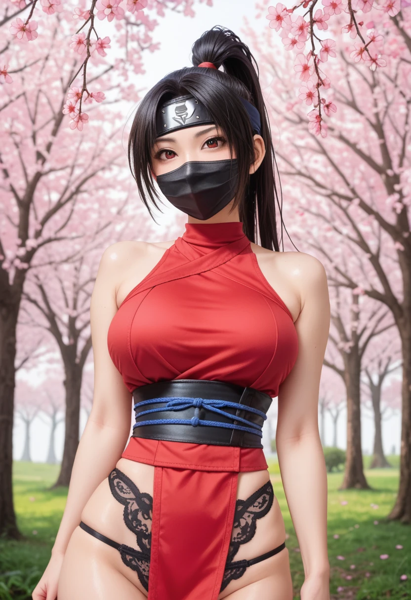 score_9,score_8_up,score_7_up,(pastel-color),(high brightness colors),Cute 20-year-old Japanese 1 girl,solo,(8k, masterpiece, ultra-detailed, best quality, ultra high res, newest, very aesthetic, absurdres, illustration, perfect composition),(hires),looking at viewer,black hair,shiny skin,fair skin,(upper body:1.5),toothless smilev,emphasizing her curvy body and large breasts,(ninja:1.5),(ninja mask:1.3),A female ninja in a red ninja outfit, twisting her waist to reveal sexy black stockings and lace panties, background of cherry trees in full bloom