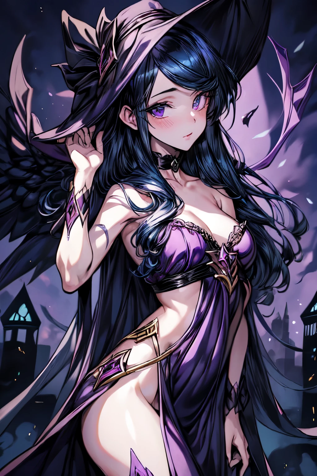 (((purple fallen angel necromancer woman, delicated pose, detailed face, pale skin, long black hair))), gorgeous anime witch, morgana from league of legends, gwen from league of legends, gorgeous sensual gala dress with fluffy feathers, sensual pose, (((gorgeous castle background)))