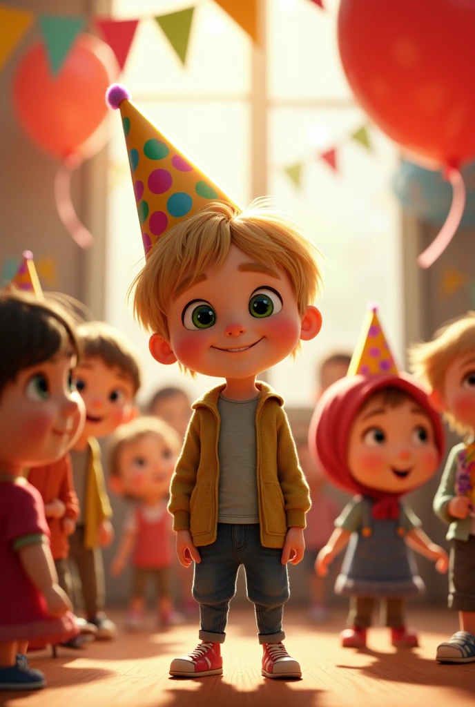 On fête l’anniversaire de Matthew,  blonde with long hair and bangs and green eyes, with 4 year old children and Masha and Michka who are next to Matthew