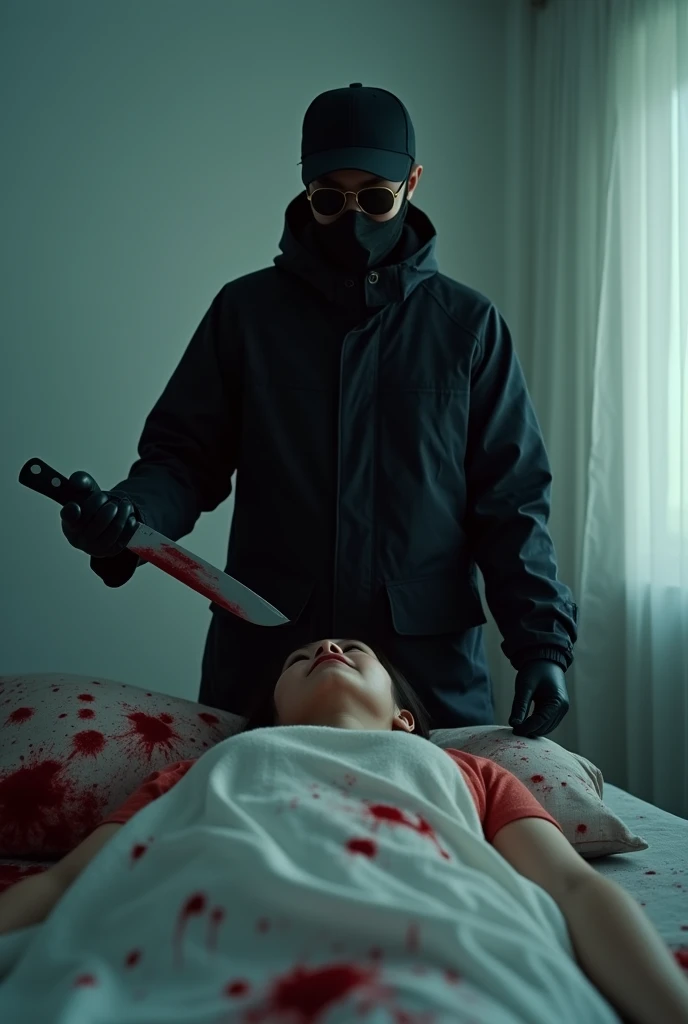 korean girl, (behind stiff, holding knife), stabbing, black surgical mask, black gloves, sunglasses, white room, black raincoat, trucker hat, holding knife, black gloves, , woman on top, behind cadaver, blood splatter, on the bed, looking at viewer, mass murderer, killer, blood splatter, dark atmosphere, cinematic lighting, atmospheric realistic, light from the window,
