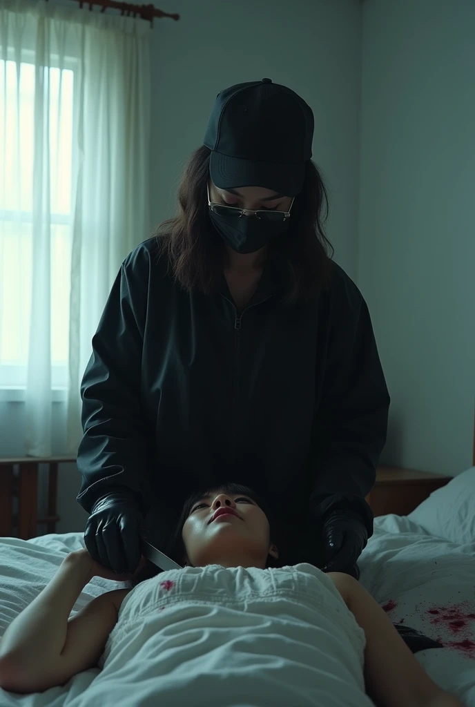 korean girl, (behind stiff, holding knife), stabbing, black surgical mask, black gloves, sunglasses, white room, black raincoat, trucker hat, holding knife, black gloves, , woman on top, behind cadaver, blood splatter, on the bed, looking at viewer, mass murderer, killer, blood splatter, dark atmosphere, cinematic lighting, atmospheric realistic, light from the window,
