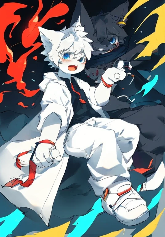 White male cat，Handsome Fengjun，White hair，blue eyes，White trousers，Black shirt，Cast red magic，Serious expression
