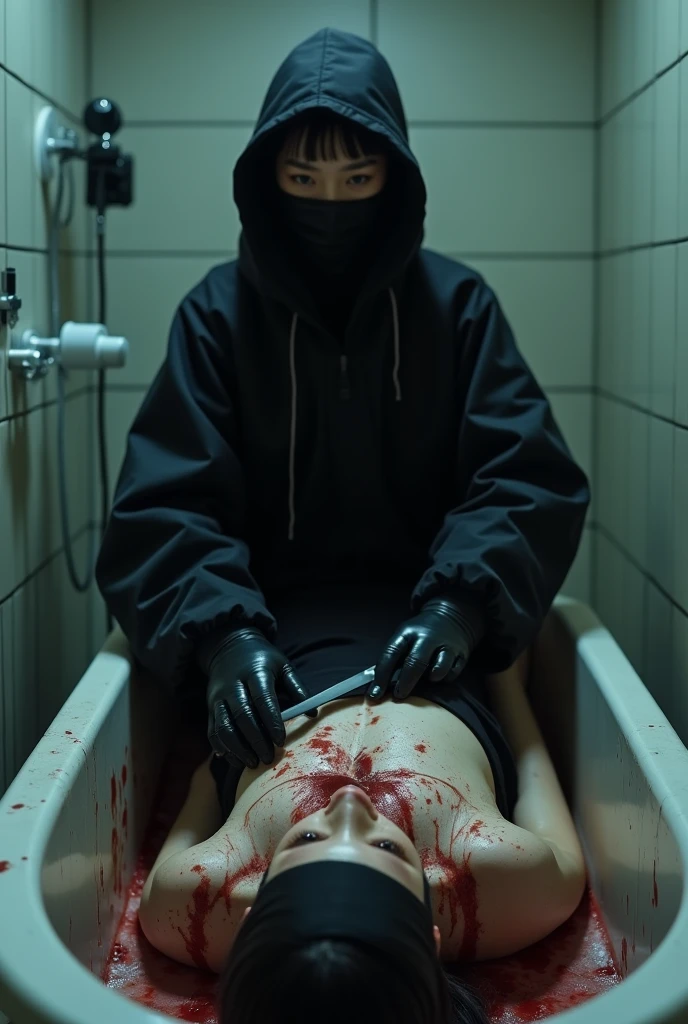 korean girl, (behind stiff, holding knife), stabbing, black balaclava mask, black leather gloves, bath room, black raincoat, girl only, holding knife, leather gloves, woman on top, behind cadaver, looking at viewer, blood splatter, night, mass murderer, killer, blood splatter, tripod and camera in the back, shooting with camera