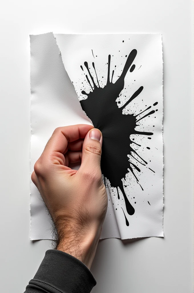 A close view of a man hand, a white paper with black splash mark in it, man tearing the paper