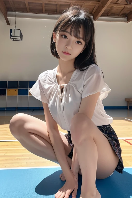 8k, Raw photo, highest quality, masterpiece:1.2), masterpiece, highest quality, figure, Very detailed, Fine details, High resolution, 8k,wallpaper, Perfect dynamic composition,(Detailed high quality, Realistic depiction of eyes:1.3)、A woman who has been and has her hands tied、Arms wrapped around his back, hands tie behind back, Sitting on a bright gym floor with feet together and knees bent in front of each other、With legs wide open、Tartan plaid pleated skirt、whole body、White panties are visible、The whole thing faces forward、21talent、Beauty、Well-formed face、Make your eyes even、Beautiful black hair、Has bangedium build、Well-balanced proportions、Beautiful legs、Short sleeve blouse、Fresh face、Beautiful scenery、