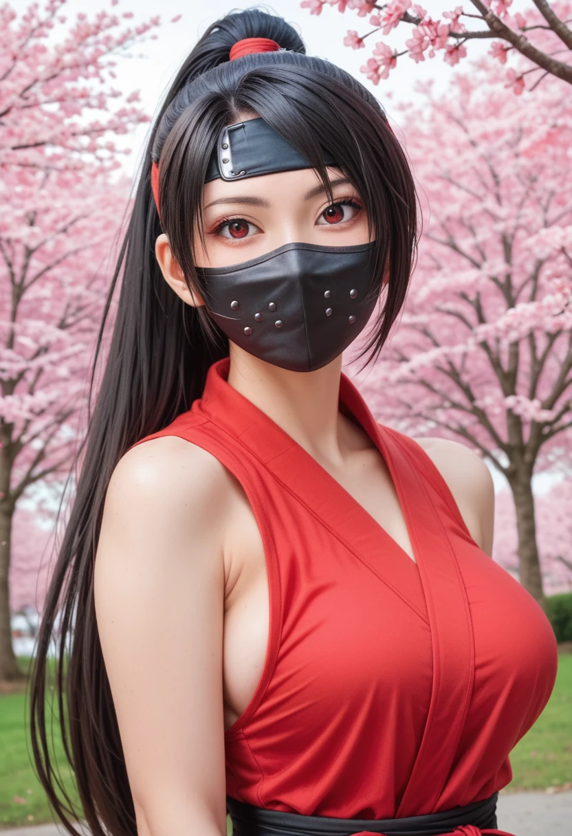 score_9,score_8_up,score_7_up,(pastel-color),(high brightness colors),Cute 20-year-old Japanese 1 girl,solo,(8k, masterpiece, ultra-detailed, best quality, ultra high res, newest, very aesthetic, absurdres, illustration, perfect composition),(hires),looking at viewer,black hair,shiny skin,fair skin,(upper body:1.5),toothless smilev,emphasizing her curvy body and large breasts,(ninja:1.5),(ninja mask:1.3),A female ninja in a red ninja outfit, twisting her waist to reveal sexy black stockings and lace panties, background of cherry trees in full bloom
