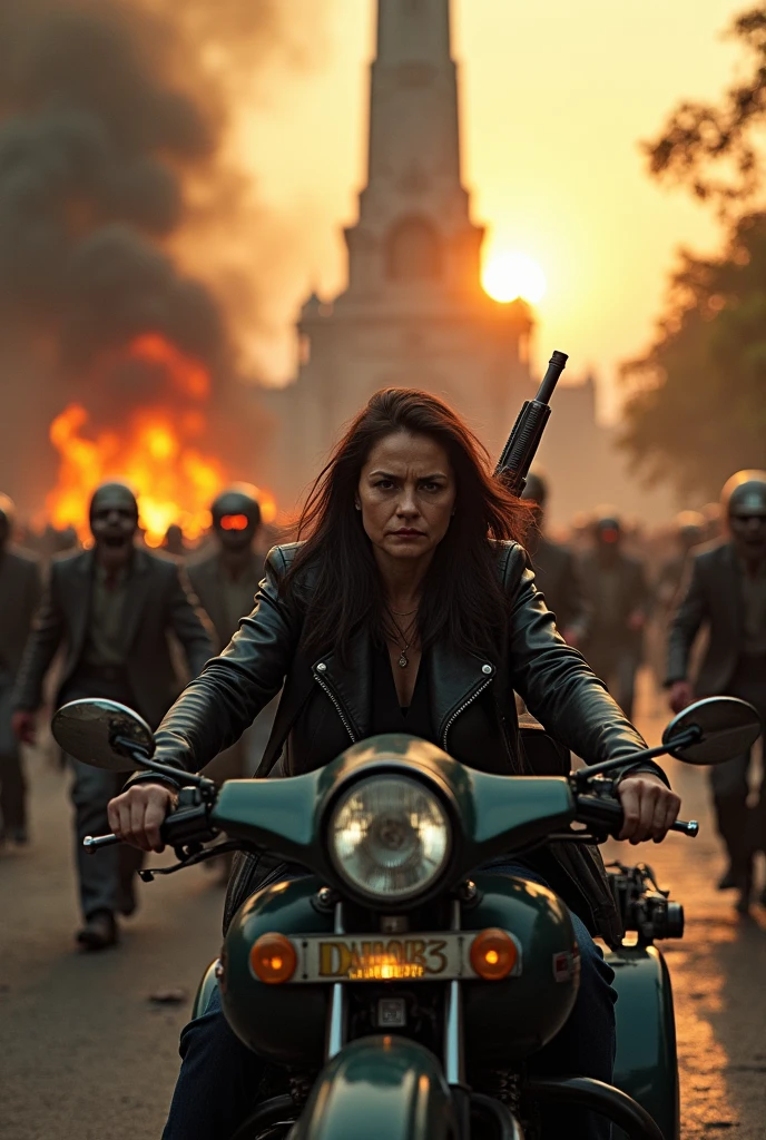 "Create a cinematic film scene depicting a zombie apocalypse in Thailand. The focal point is a serious-looking middle-aged woman dressed in a black leather jacket, carrying a rifle slung across her back. She is desperately driving a tuk-tuk through a chaotic street scene, trying to escape from a horde of zombies. The zombies, dressed in tattered suits, are chasing after her with a relentless, eerie determination.

The background features the iconic Victory Monument (Anusawari Chai Samoraphum) as a dramatic focal point. The monument stands as a symbol of resilience amid the devastation, but it's now surrounded by destruction and chaos. The scene is bathed in dramatic, cinematic lighting with deep shadows and high contrast, emphasizing the tension and urgency. Smoke and flames from burning vehicles add to the apocalyptic atmosphere, while the setting sun casts an orange glow over the ruins of the city.