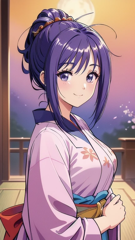 ((masterpiece, Highest quality, Highest quality, Official Art, beautifully、beautiful:1.2)),((masterpiece)),((Vibrant colors)),((Ayako Katagiri)),((A happy smile)),((kimono)),((looks fun)),,(Porch of the ryokan),(Shoulders exposed),(full moon),(cherry blossoms),(2),(B Cup Bust)