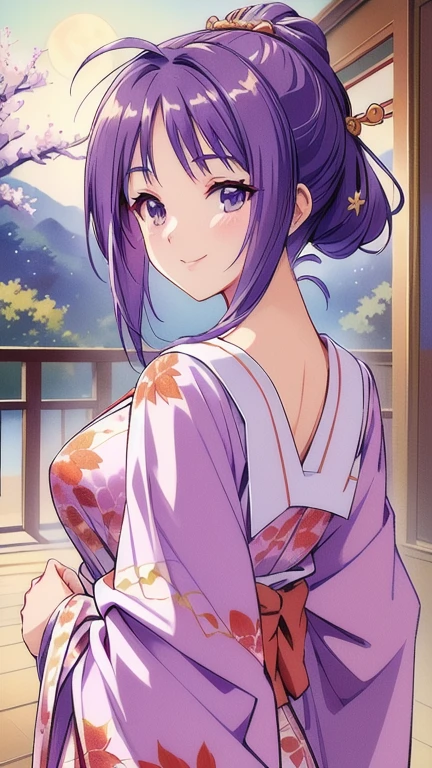 ((masterpiece, Highest quality, Highest quality, Official Art, beautifully、beautiful:1.2)),((masterpiece)),((Vibrant colors)),((Ayako Katagiri)),((A happy smile)),((kimono)),((looks fun)),,(Porch of the ryokan),(Shoulders exposed),(full moon),(cherry blossoms),(2),(B Cup Bust)