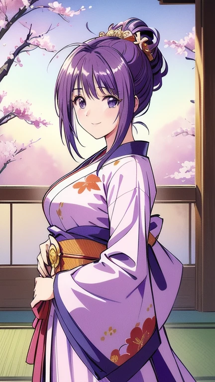 ((masterpiece, Highest quality, Highest quality, Official Art, beautifully、beautiful:1.2)),((masterpiece)),((Vibrant colors)),((Ayako Katagiri)),((A happy smile)),((kimono)),((looks fun)),,(Porch of the ryokan),(Shoulders exposed),(full moon),(cherry blossoms),(2),(B Cup Bust)