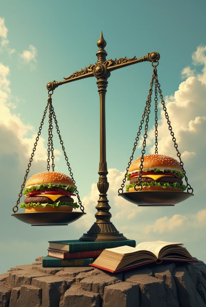 On a scale with books and on the other side with hamburger
