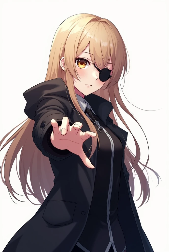 a cartoon image of a woman in boots, vector art by Ei-Q, pixiv, shin hanga, full_body!!, !!full body portrait!!, full body!!, anime moe artstyle, gapmoe yandere grimdark, full body!, anime vtuber full body model　beige hair with an eyepatch 　black coat with front zipper closed, long hair　　Right hand out in front　Background is white　Game character art　Genshin Impact