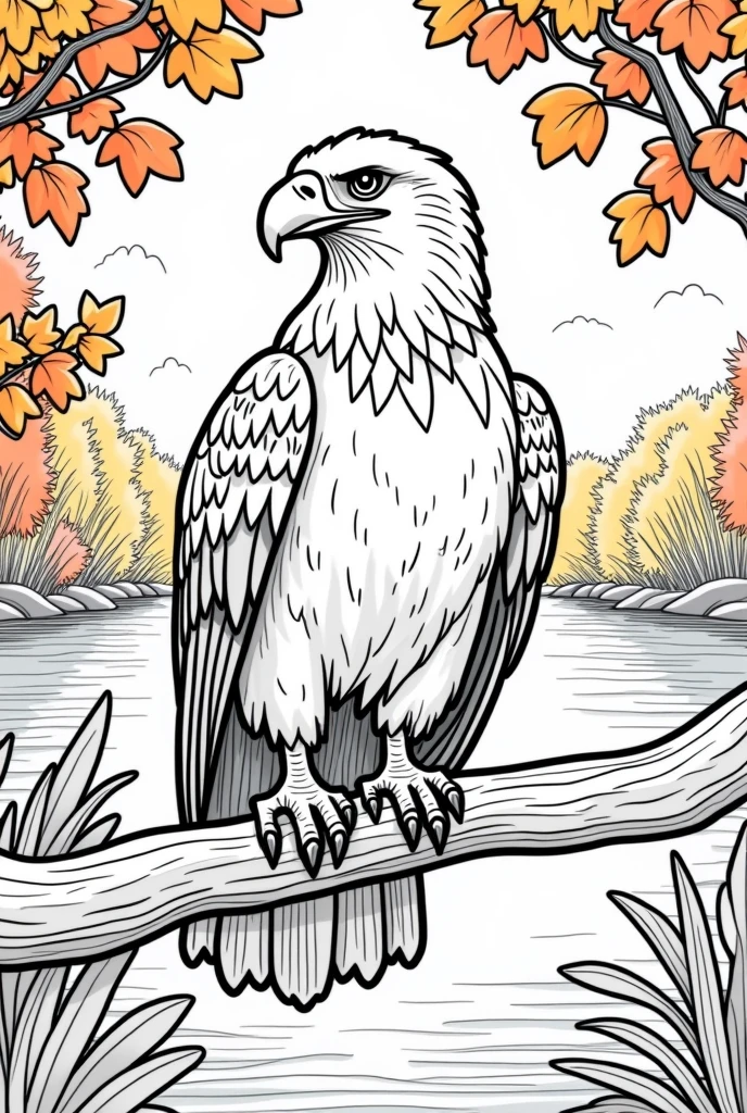 
non-coloured, coloring pages for adults, an image of a Majestic eagle perched on a branch, surrounded by vibrant fall foliage, with a serene lake or river in the background, cartoon style, thick lines, low detail, black and white, no shading,



