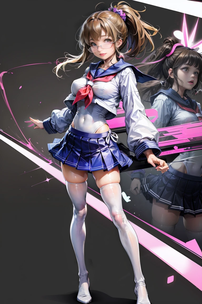 ((Tabletop)), ((Highest quality)), (Super detailed), ((cute)), trembling), ((sexy)), (device), ((Very detailed)), 4K, (8k), Highest quality, (beautiful), water colored pencils, Genuineistic, Genuine, Focus on the face, Full Body Focus, School, autumn, Beautiful woman, alone, Sailor suit, beautiful dark brown hair, beautiful eyes with beautiful purple eye highlights )), White skin, ponytail, Transparent Hair, Translucent hair, Big ample breasts, tights, Glasses, smile, Neon Light, Wind effects, Reflection effect