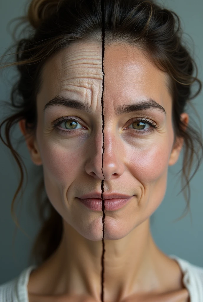 HALF of a woman's face with wrinkles that makes her look a little older and the OTHER HALF OF THE FACE without the wrinkles, with a cleaner face