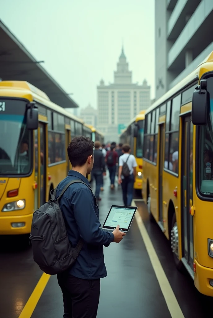 Create a queue of stopped buses with a system error and an IT technician trying to fix it and several people around demanding payment , with a characteristic in the center of Brasilia placing the Planalto Palace at the bus station of the pilot plan in Brazil, use the same image in the background buildings in Brazil, the technician with pc in hand trying to fix it. Written on the Pioneer bus the color of the bus is light yellow , image at the bus station the technician in gabi near the driver, Brazil , Brazil