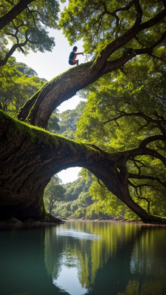 Create an image featuring a surreal landscape. In the center, there is a large, lush green tree with a dense canopy shaped like an umbrella. This tree is perched atop a curved, towering piece of land that resembles a broken tree trunk. Below the trunk piece, on the ground, there is a small wooden boat resting on what appears to be water or another reflective surface. Attached to the top of the curved land piece is a rope that extends downward. At the end of this rope, there is a figure climbing towards the tree. The background has a gradient of warm tones giving an overall dreamlike and serene atmosphere to the scene.