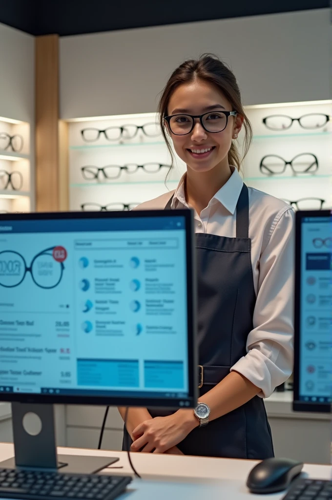 A girl working in a glasses store, that a control system is displayed on your computer 