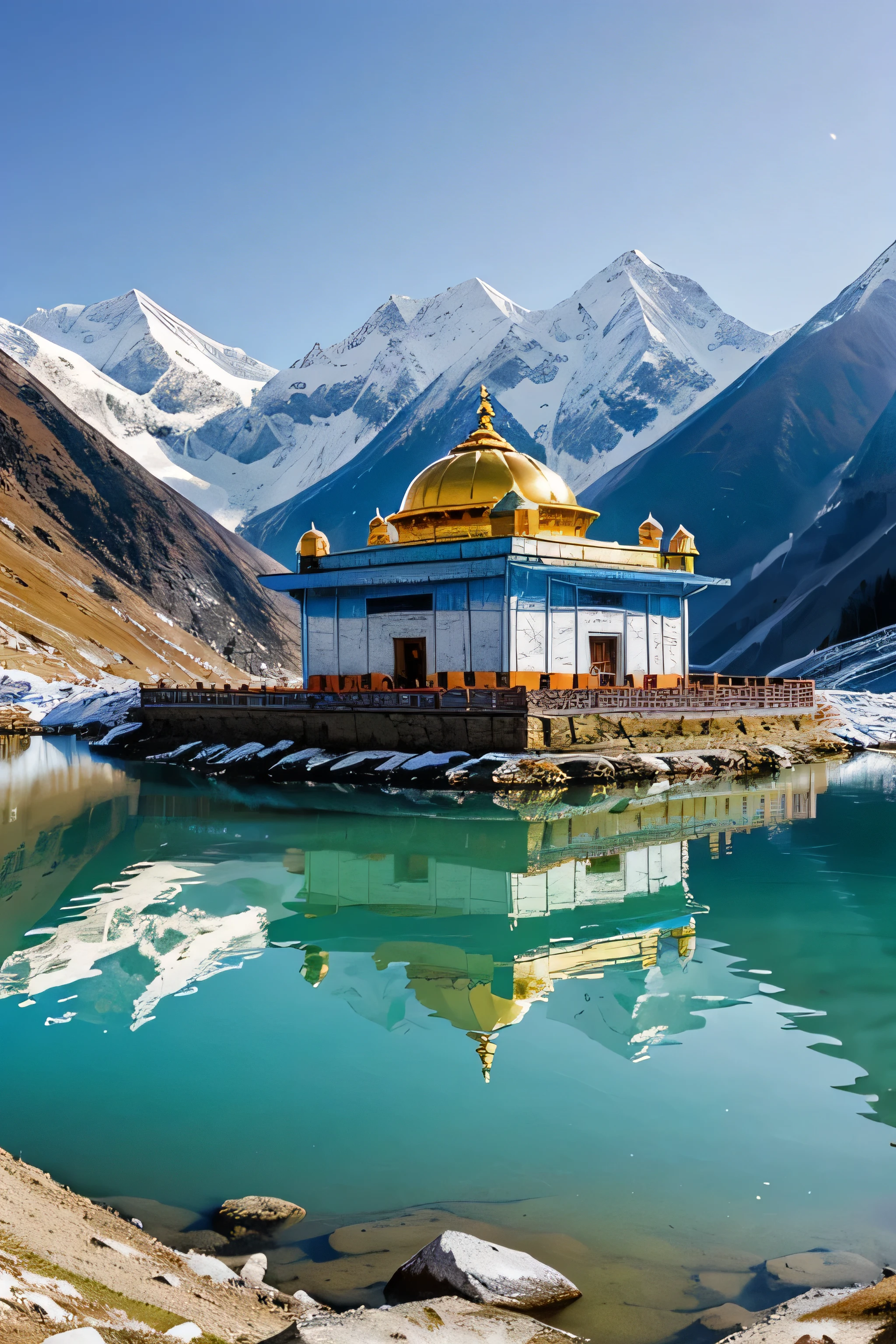 A breathtaking scene of Hemkund Sahib, a revered Sikh pilgrimage site nestled in the Himalayas. The image features the stunning, high-altitude Gurudwara (Sikh temple) surrounded by majestic snow-capped peaks and pristine alpine scenery. The Gurudwara, with its striking white marble walls and golden dome, is reflected in the serene, crystal-clear lake at its base. The backdrop includes rugged mountain terrain, lush green meadows, and a clear blue sky. Pilgrims in traditional attire are seen ascending the path to the temple, adding a sense of reverence and spiritual journey. The scene conveys the tranquility, natural beauty, and spiritual significance of Hemkund Sahib