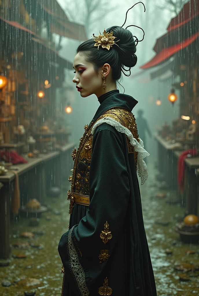 colored Voodoo and Demiurge symbols, terraforming with biomechanical enhancements, stands in a swamp surrounded floating gipsy market, nearby a geisha clad in textured steampunk garb, her face as smooth as porcelain, rainy glass bubble water or elastic glass-like material, reddish hues, digital painting in a rust color scheme, gold and obsidian filigree, white lace, dramatic lighting casting sharp contrasts, ultra fine details capturing every texture, cinematic quality., Mysterious
