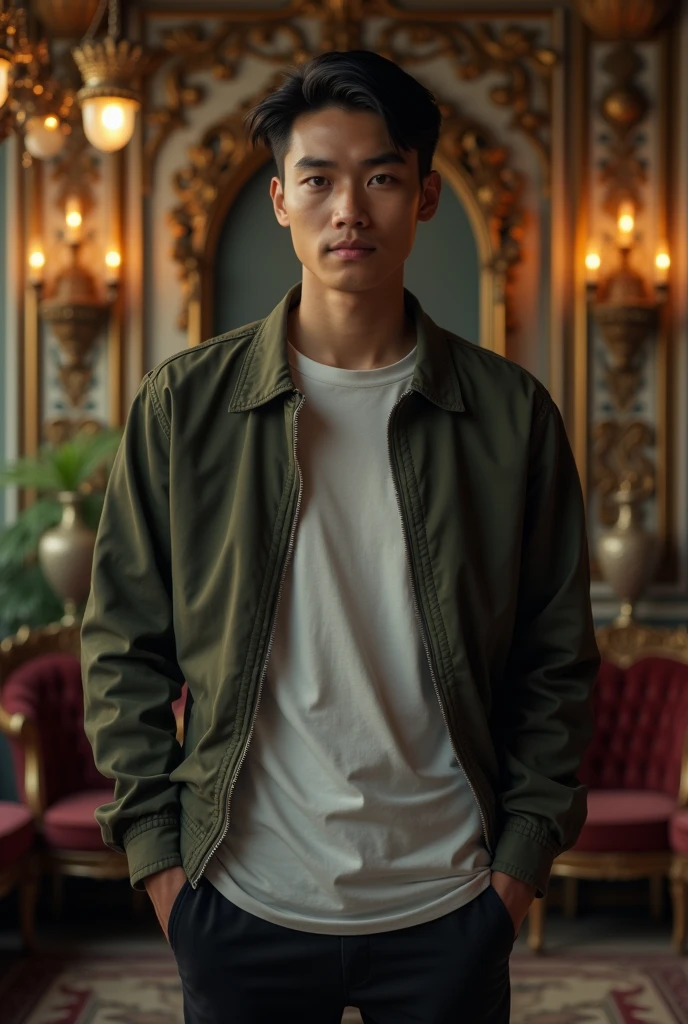 an indonesian boy (23yearsold), look at the viewer, realistic photograpy, standing hand inside his pocket, in the decorative indoor studio, cinematic, hyper realistic, super detail, HD 8K.
