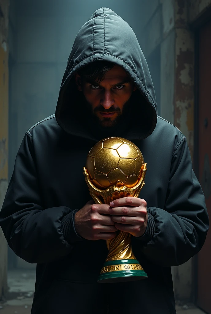 Messi thief stealing golden ball robbery showing his face with hood 