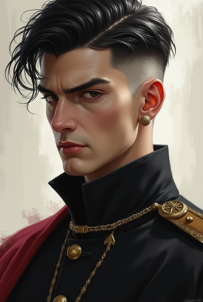A 2 manly royal prince classic, with undercut short black hair, and dark eyes to. He so manly. He looks so cold, arrogant and cruel.