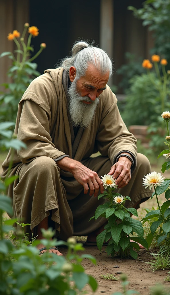 An elderly wise man, dressed in simple but clean clothing, kneels in his garden, carefully inspecting the plants. His face shows concern as he examines the wilting flowers among the otherwise healthy greenery.