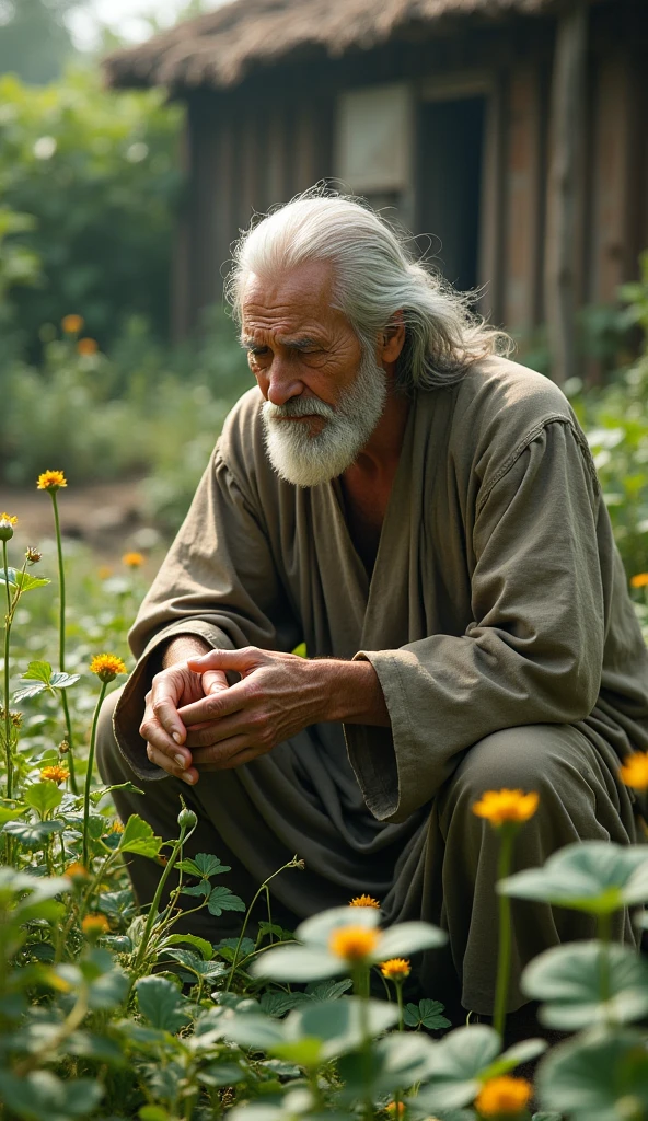 An elderly wise man, dressed in simple but clean clothing, kneels in his garden, carefully inspecting the plants. His face shows concern as he examines the wilting flowers among the otherwise healthy greenery.