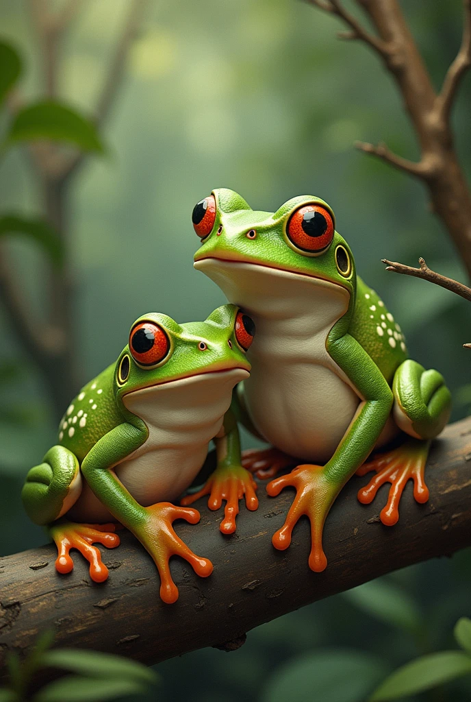 Retro Images，Storytelling，Tree frog，Ultra-realistic，high resolution，Frog family


