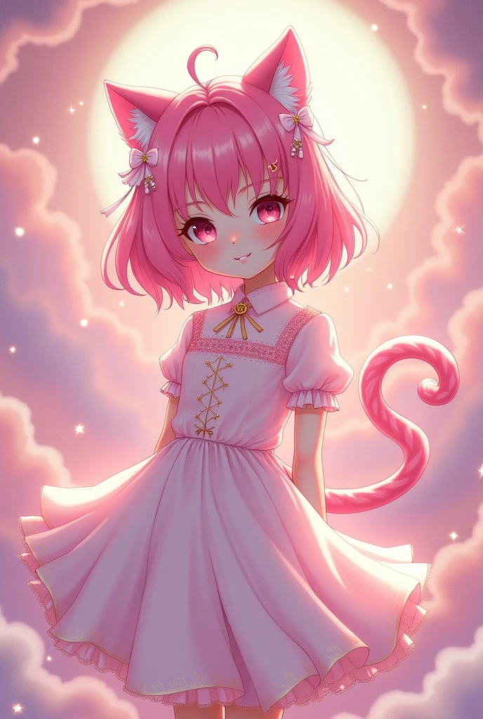 anime girl with car ears, and cat tail. She related to the moon. She is wearing a beautiful dress, lolita style. tone pink.
