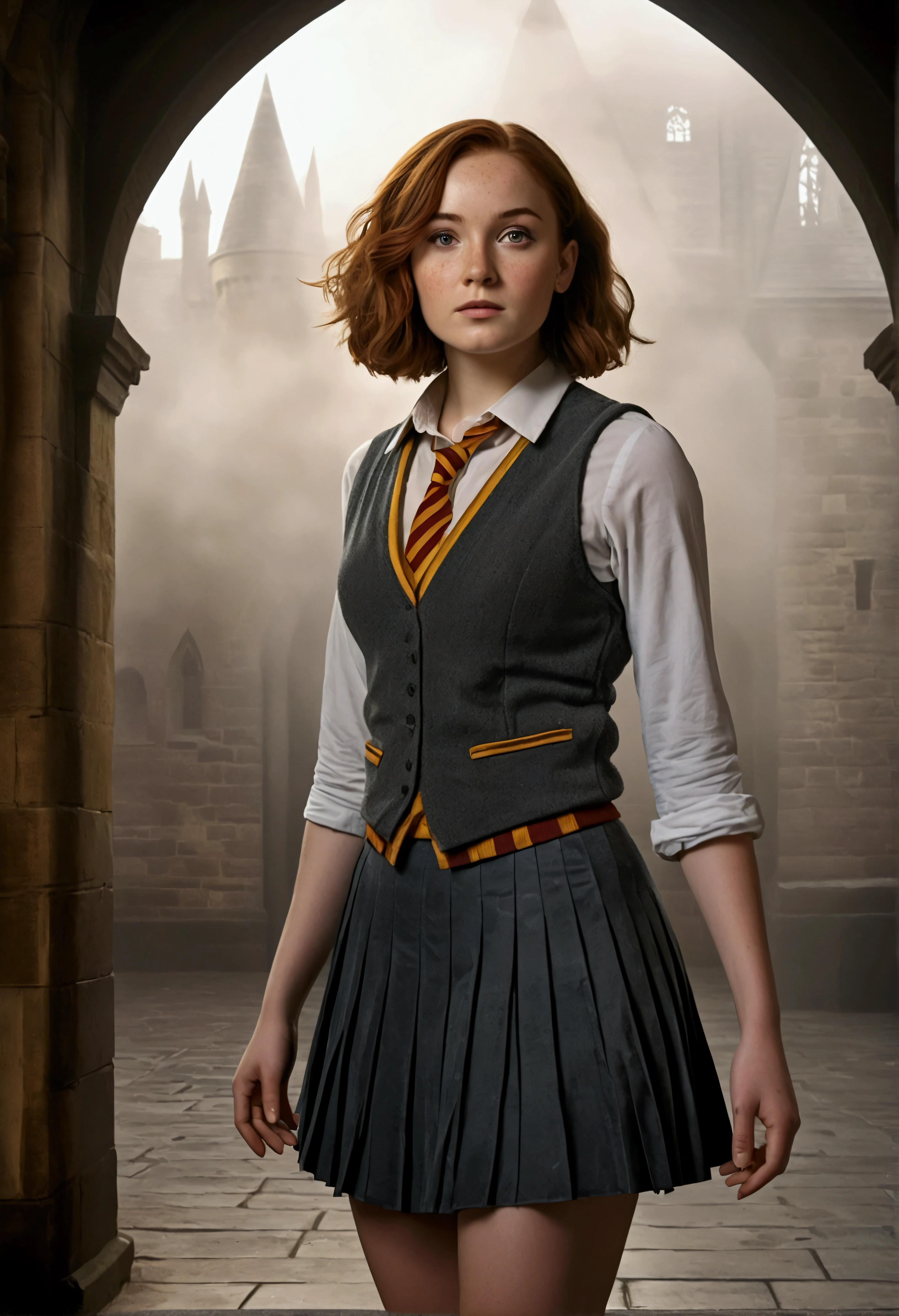 An illustrated movie poster, hand-drawn, full color, a female Hogwarts student, 1, wearing a charcoal vest and a pleated skirt, toned, amazonian stature, athletic hourglass figure, full wide hips, massive round butt, long shapely legs, ridiculously thick powerful thighs, vibrant hazel eyes, deep dark auburn hair, short curly bob cut, flushed sun-kissed complexion, freckles, resembles Genevieve O'Reilly, standing in a foggy Hogwarts courtyard, surrounded by mist, graphite shading, stencil marks, airbrushed acrylic paint, masterpiece, in the Deathly Hallows 