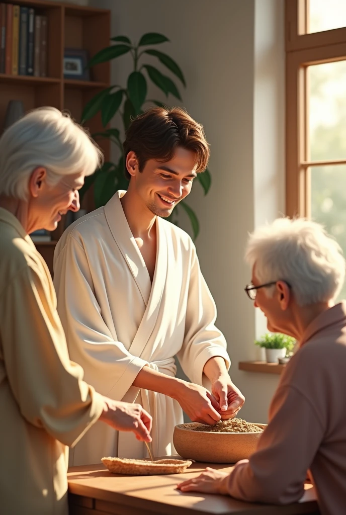 Brown haired man helping his parents at home and wearing a white robe