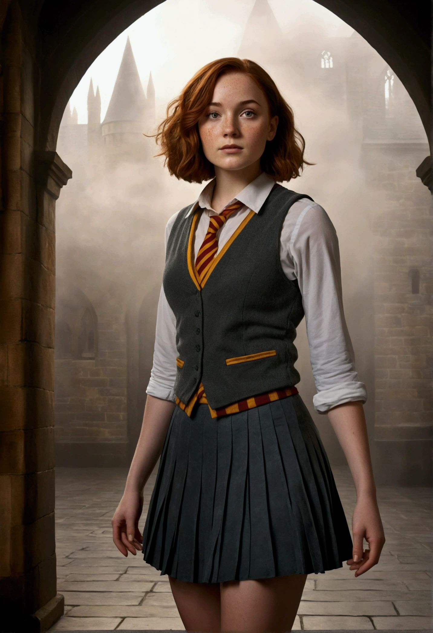 An illustrated movie poster, hand-drawn, full color, a female Hogwarts student, 1, wearing a charcoal vest and a pleated skirt, toned, amazonian stature, athletic hourglass figure, full wide hips, massive round butt, long shapely legs, ridiculously thick powerful thighs, vibrant hazel eyes, deep dark auburn hair, short curly bob cut, flushed sun-kissed complexion, freckles, resembles Genevieve O'Reilly, standing in a foggy Hogwarts courtyard, surrounded by mist, graphite shading, stencil marks, airbrushed acrylic paint, masterpiece, in the Deathly Hallows