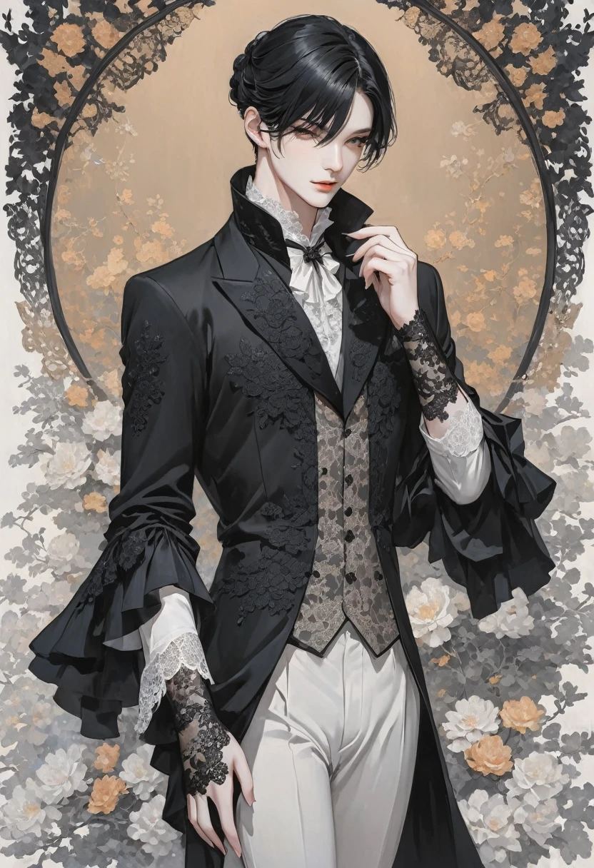 Elegant pale man, black clothes, lace on hands, black hair