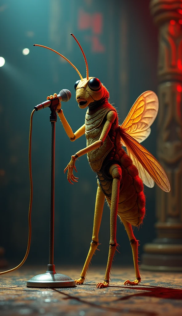 a cricket holding a standing microphone singing, macro, detailed, intricate, cinematic lighting, photorealistic, 8k, (best quality,4k,8k,highres,masterpiece:1.2),ultra-detailed,(realistic,photorealistic,photo-realistic:1.37),high quality, cinematic,dramatic lighting,vibrant colors,depth of field,sharply focused,complex background,award winning photography