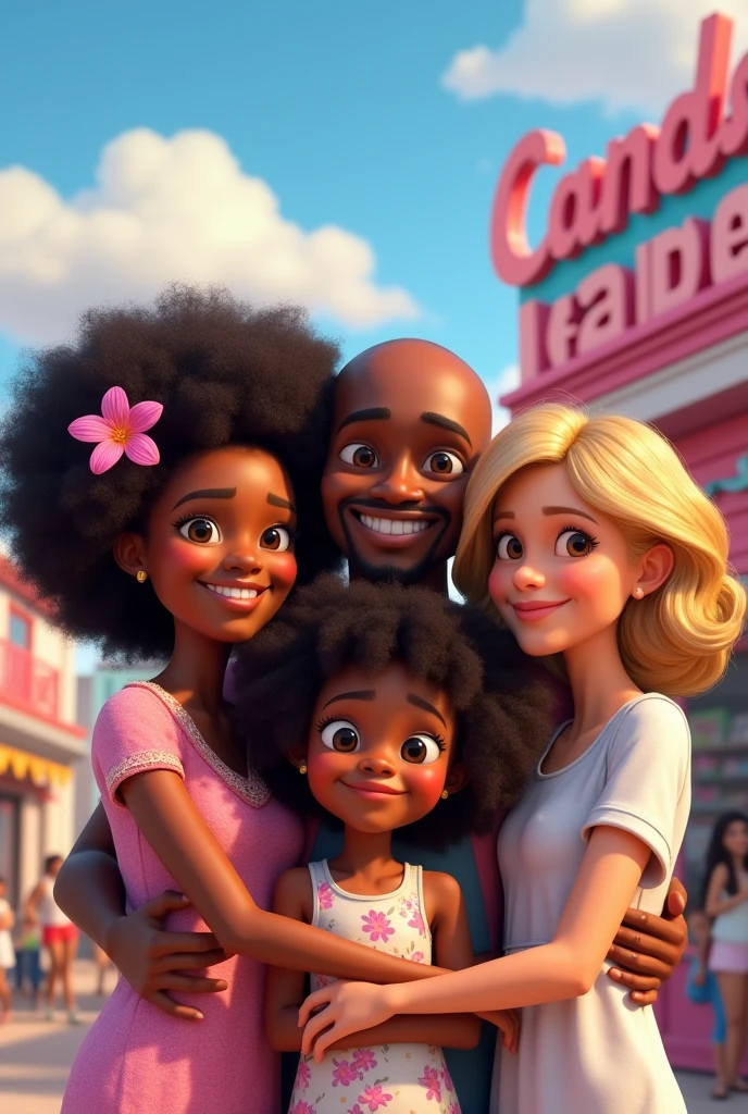 4 people,44 year old woman, black, cabelo blackw afro, height 1,52,Grinning, with a flower in her hair.flower dress.
8 year old child, black, cabelo blackw afro, olhos castanho escuro Grinning. Unicorn dress for 45 year old man, blackw, bald in front, with beard, social t-shirt, happy 22 year old woman, cor de pele black, blonde hair color, smooth ass,fine nose, Grinning. All hugging In the background the candy store says sweet heaven in Portuguese , sky realism, disney pixar. Store configuration