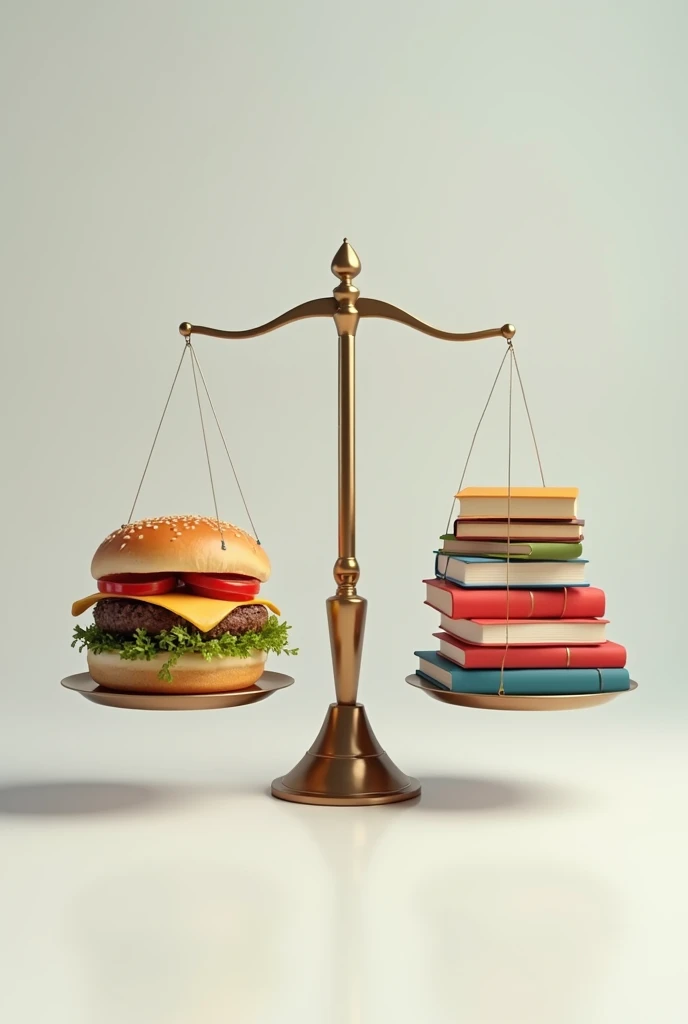 On a scale, one side with books and the other side with hamburgers 
