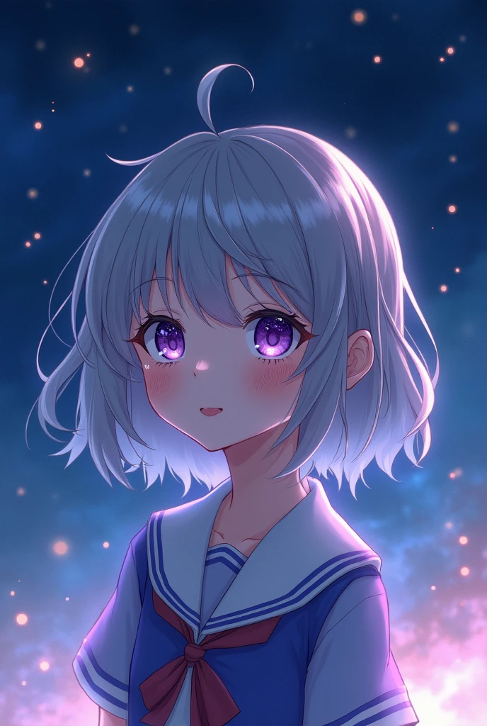 Schoolgirl,short hair,silver hair,purple eye,starry sky,smile,crying