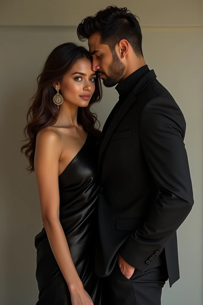 A girl wearing a black shiny plain saree with earrings and she has wavy brown hair with green eyes. She is standing close to a guy facing him. Guy is wearing black suit and he has amber eyes with shaven look.