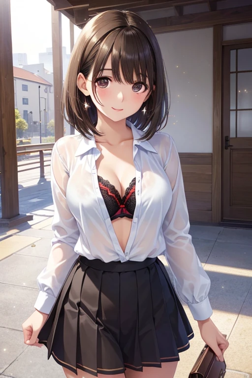 anegasaki nene、Shiny brown hair, short hair, (Beautiful brown eyes、Sparkling eyes, Fine grain)、smile、Ultra-detailed eyes、Highly detailed face, Highly detailed eyes,Cowboy Shot、



masterpiece, Highest quality, High resolution,  alone, Anime、Wearing a skirt and an open shirt、Showing her black and red lace bra