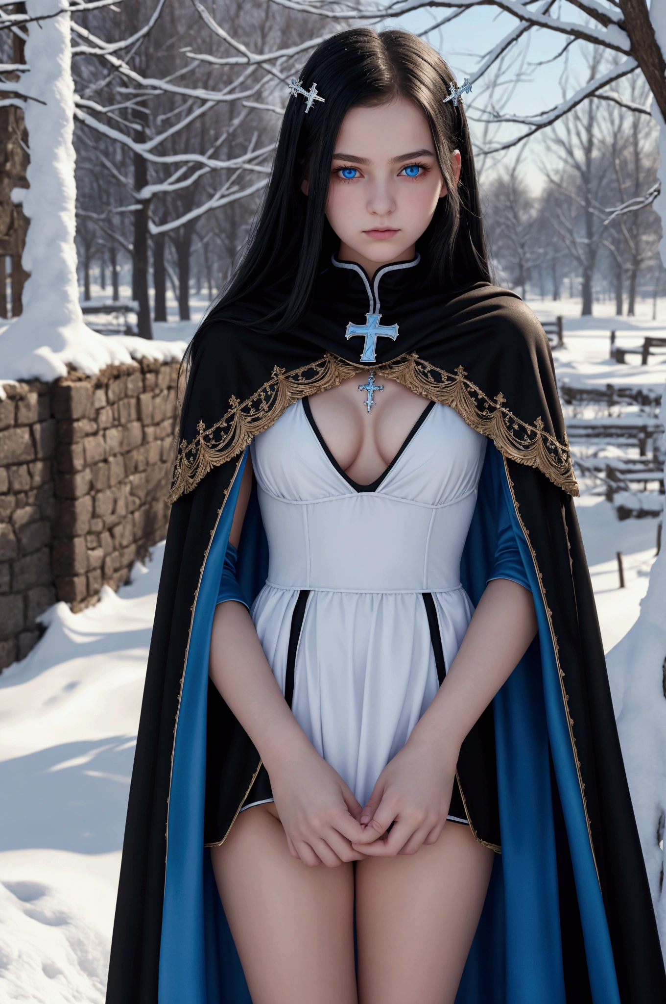 girl, evil, teen(1.3),, teen girery small breats, black hair and blue eyes, detailed face, angelical face,cleavage, small breasts, dress with cape, desing with christian cross ,background in snow in prussia