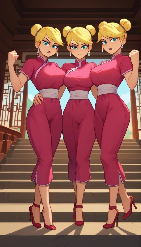 lola loud, 3girls, trio, 24yo girl, large breasts, pink cheongsam, inside of a chinese temple, looking at viewer, blonde hair, two hair buns , hands score_9, score_8_up, score_7_up, high heels, teep fighting stance,martial arts, stairs behind her, guarding the stairs, they wear the same outfit, they are twins