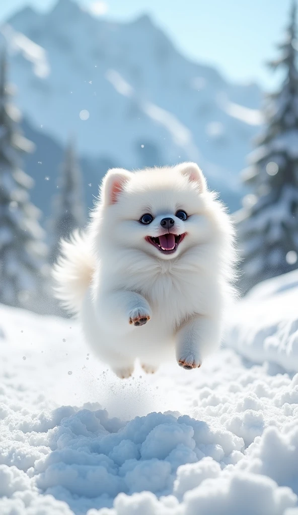 cute fluffy white pomeranian jumping from snow avalanche, whimsical, smiling, open mouth, sparkling effects, high resolution, best quality, ultra-detailed, realistic skin texture