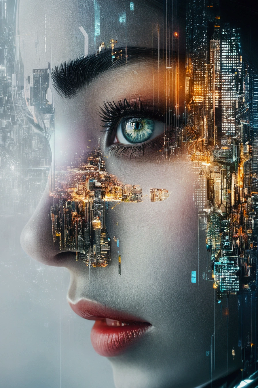 HDR ultra precise 8K digital copy of there is a woman with a city in the background, beautiful cyberpunk girl face, detailed face of a woman, close-up portrait of cyborg, young glitched woman, cyberpunk face, an image of a beautiful cyborg, futuristic woman portrait, portrait of a female android, detailed portrait of a cyborg, detailed face of an android, portrait of female android
